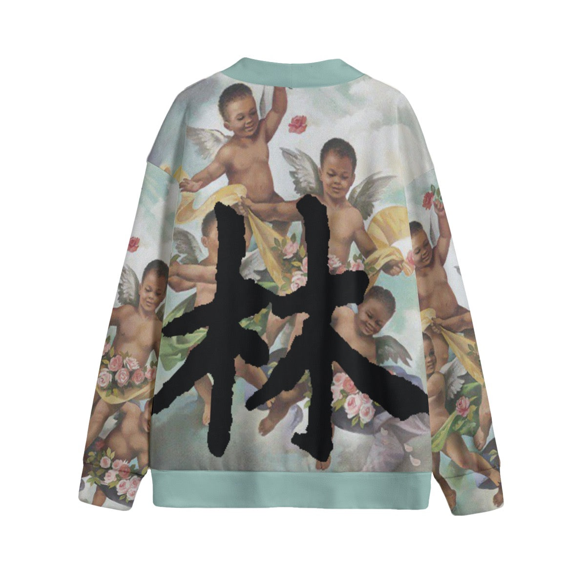 林 Guardian Angels Print Unisex V-neck Knitted Fleece Cardigan With Button Closure