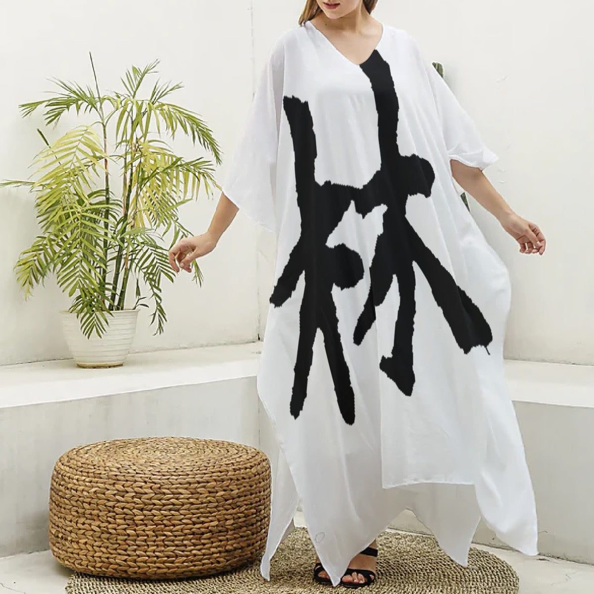 林 Ferno Print Women's Imitation Silk V-neck Kaftan Robe