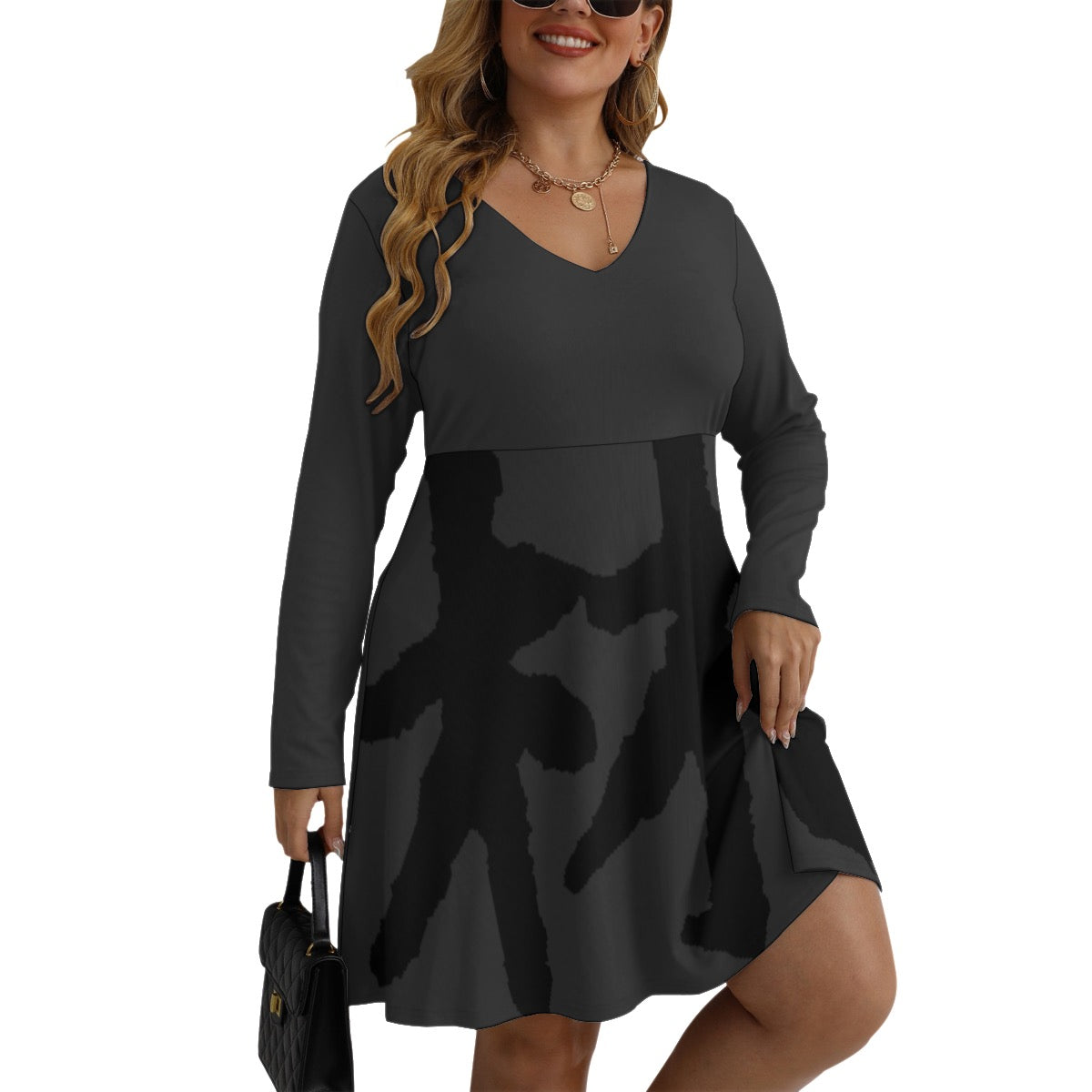林 SHDW Print Women's V-neck Long Sleeve Dress (Plus Size)