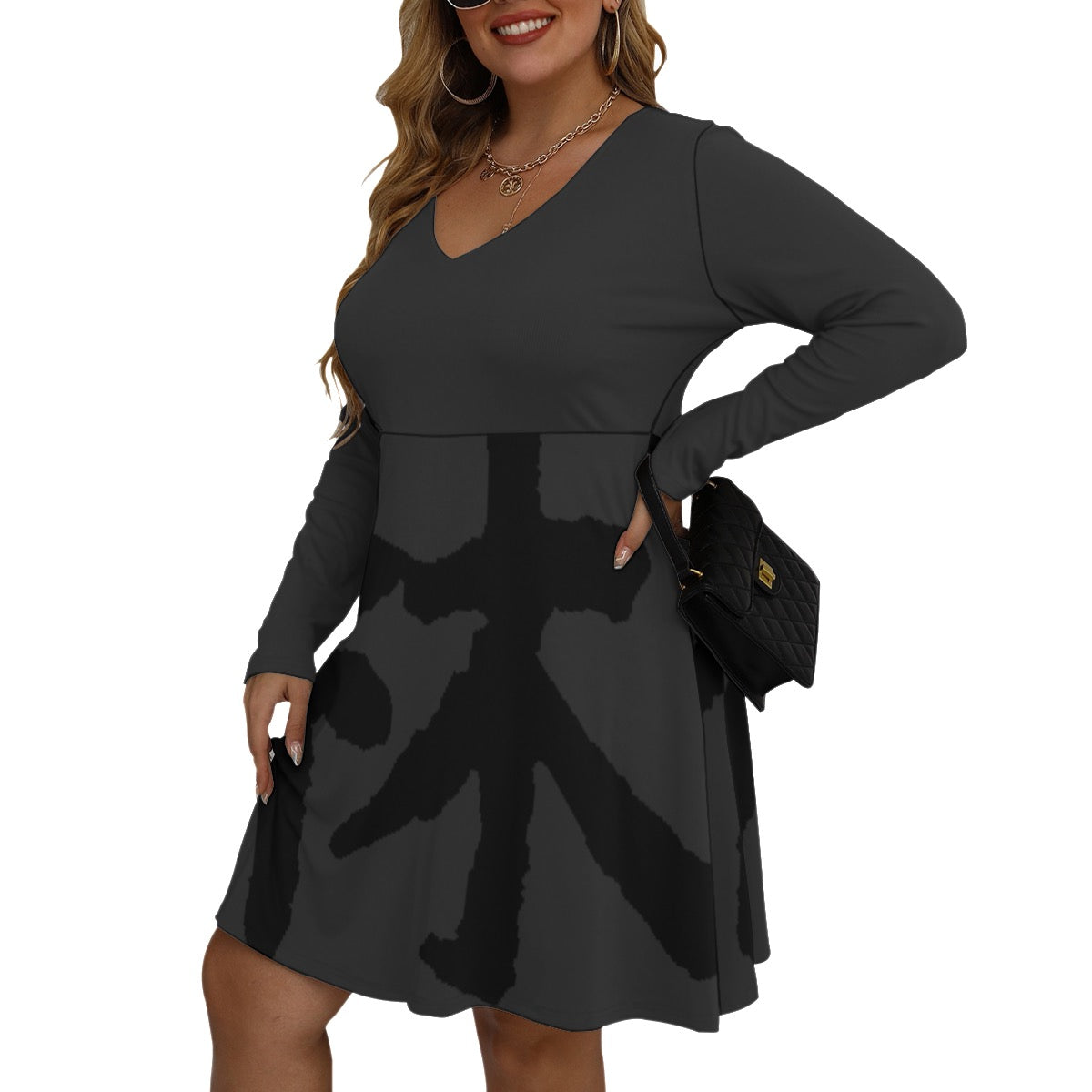 林 SHDW Print Women's V-neck Long Sleeve Dress (Plus Size)