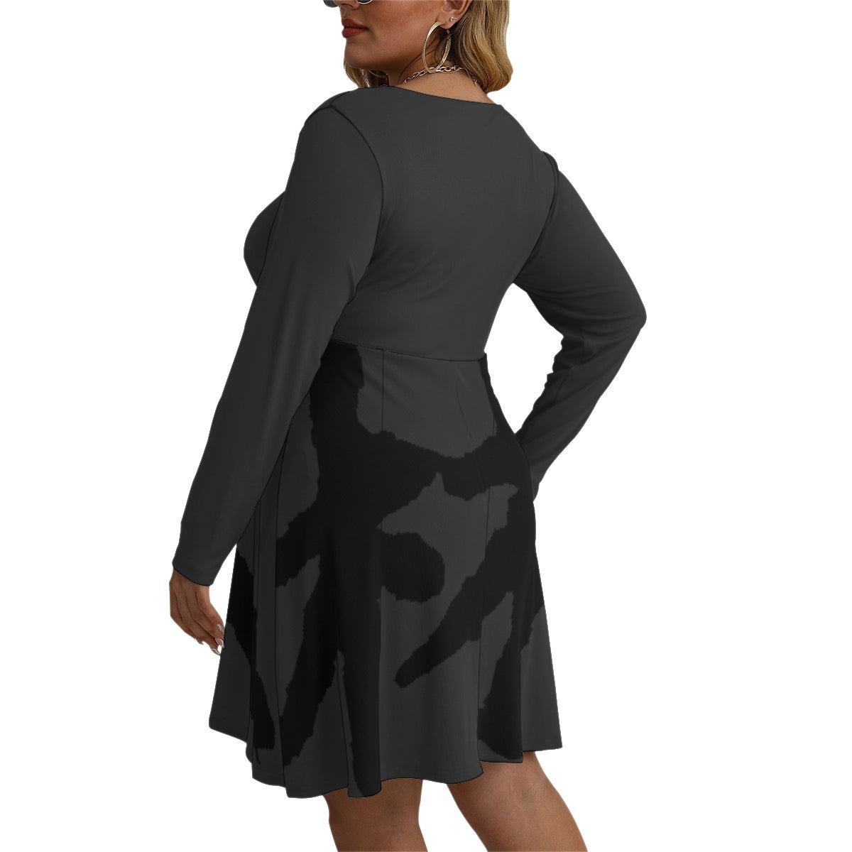 林 SHDW Print Women's V-neck Long Sleeve Dress (Plus Size)