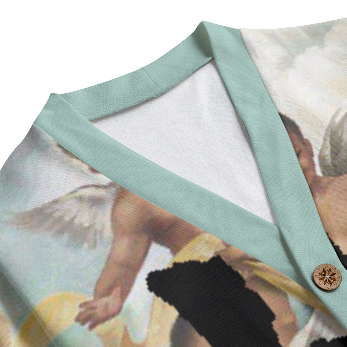 林 Guardian Angels Print Unisex V-neck Knitted Fleece Cardigan With Button Closure