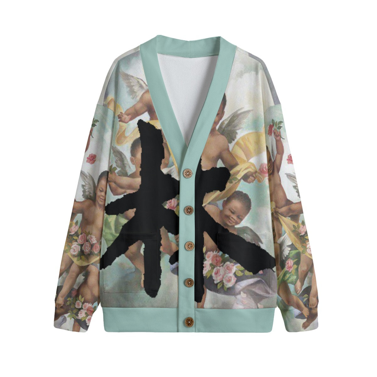 林 Guardian Angels Print Unisex V-neck Knitted Fleece Cardigan With Button Closure