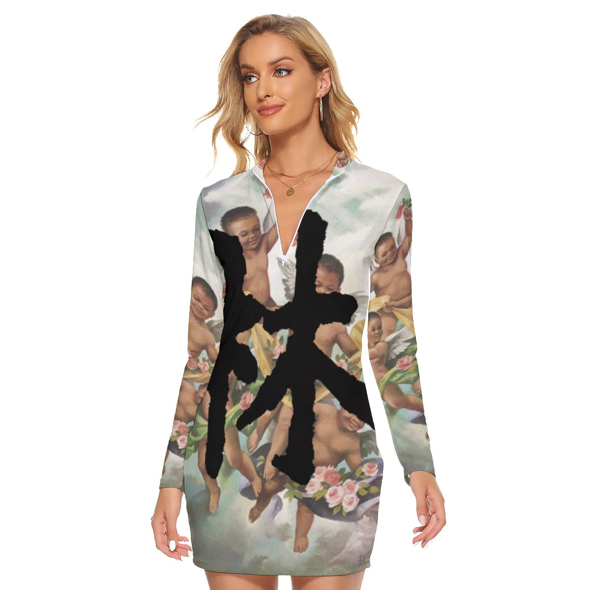 林 Guardian Angels Print Women's Zip Front Tight Dress