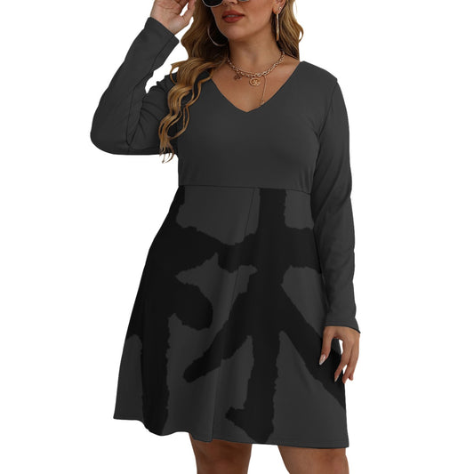 林 SHDW Print Women's V-neck Long Sleeve Dress (Plus Size)