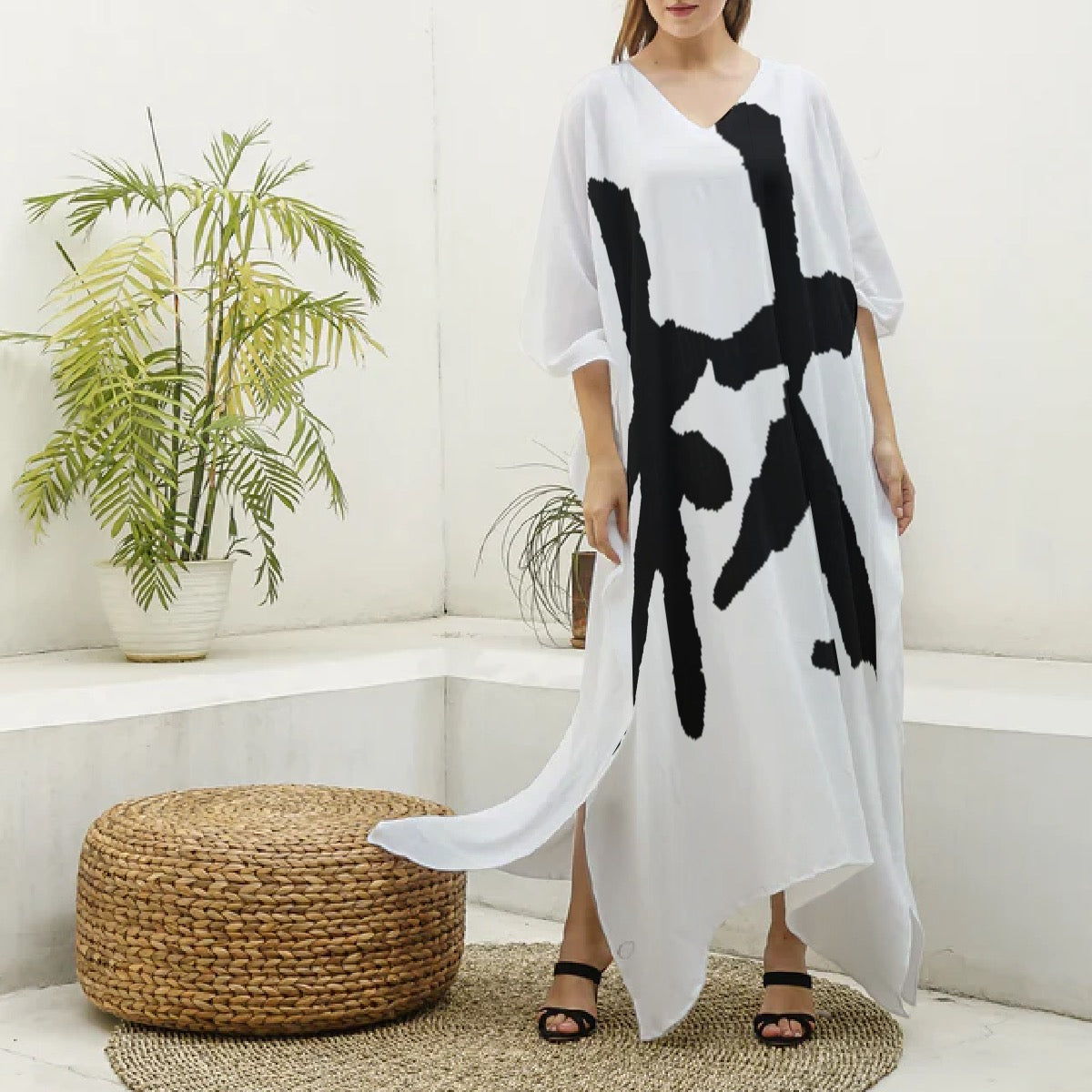 林 Ferno Print Women's Imitation Silk V-neck Kaftan Robe