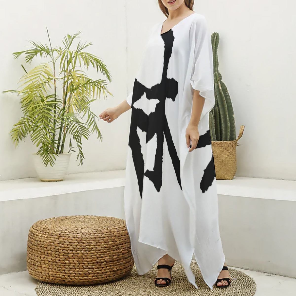林 Ferno Print Women's Imitation Silk V-neck Kaftan Robe