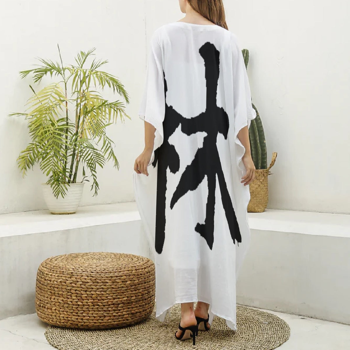 林 Ferno Print Women's Imitation Silk V-neck Kaftan Robe